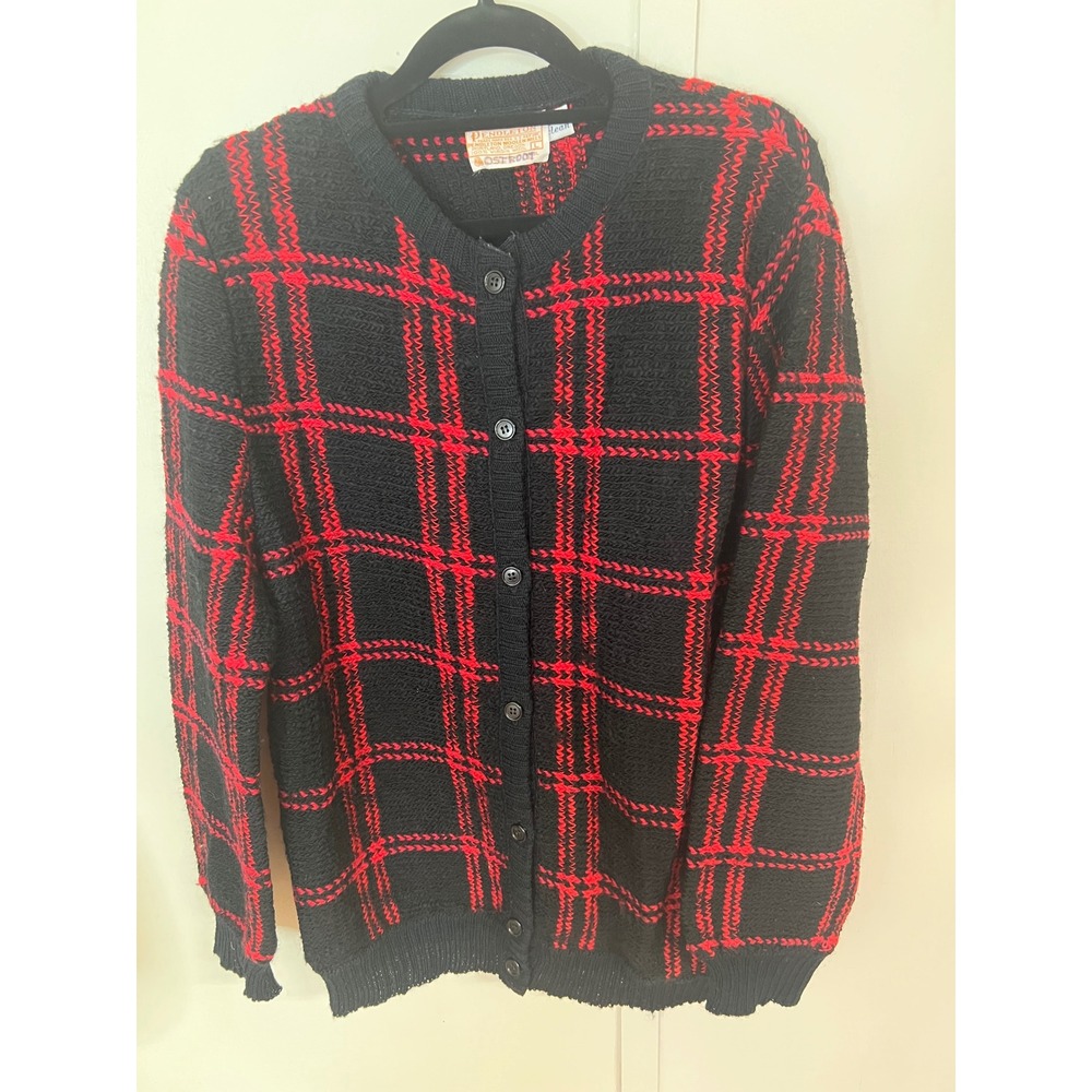 Vintage Pendleton Virgin Wool Cardigan Sweater Black Red Plaid Large USA Made